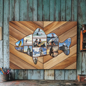 Custom Fishing Photo Collage Canvas, Fish Shape Personalized Wall Art