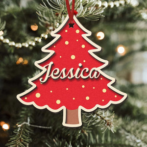 Christmas Tree Custom Family Name -Personalized 2 Layers Wooden Ornament With Bow