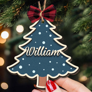 Christmas Tree Custom Family Name -Personalized 2 Layers Wooden Ornament With Bow