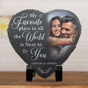 Custom Photo My Favorite Place In All The World Is Next To You - Couple Personalized Custom Heart Shaped Stone - Gift For Husband Wife, Anniversary