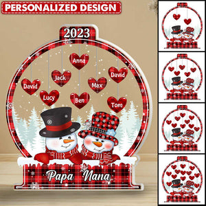 Sparkling Christmas Snowman Papa Nana Heart Kids In Snowball Personalized Acrylic Plaque