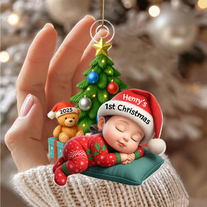 Sleeping Baby in Christmas Pajama Personalized Acrylic Ornament, Baby's 1st Christmas