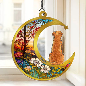 Dog, Cat Sitting On The Moon Personalized Window Hanging Suncatcher