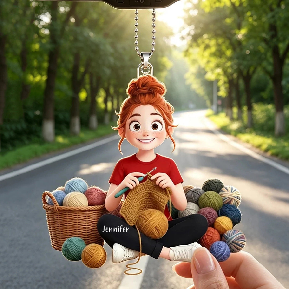 Personalized Acrylic Car Hanger with Cute Crocheting Woman