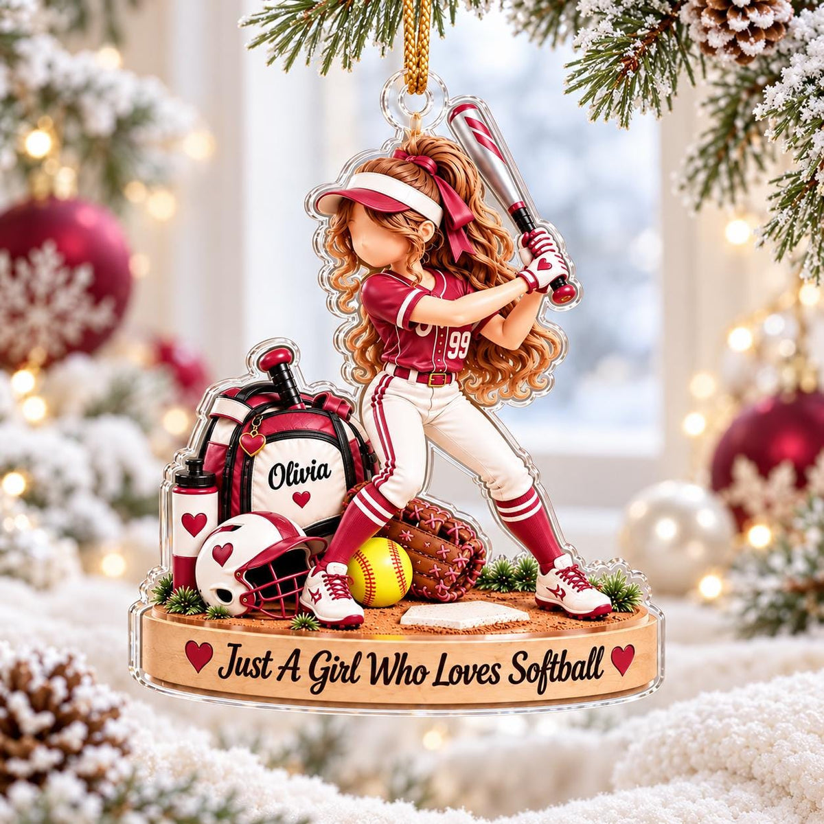 Personalized Softball Girl Ornament, Custom Softball Player Ornament