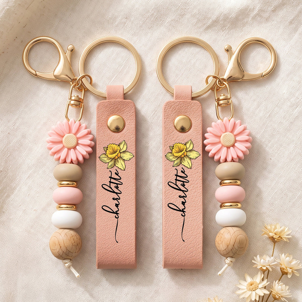 Custom Birth Flower & Name Gift - Personalized Beaded Keychain