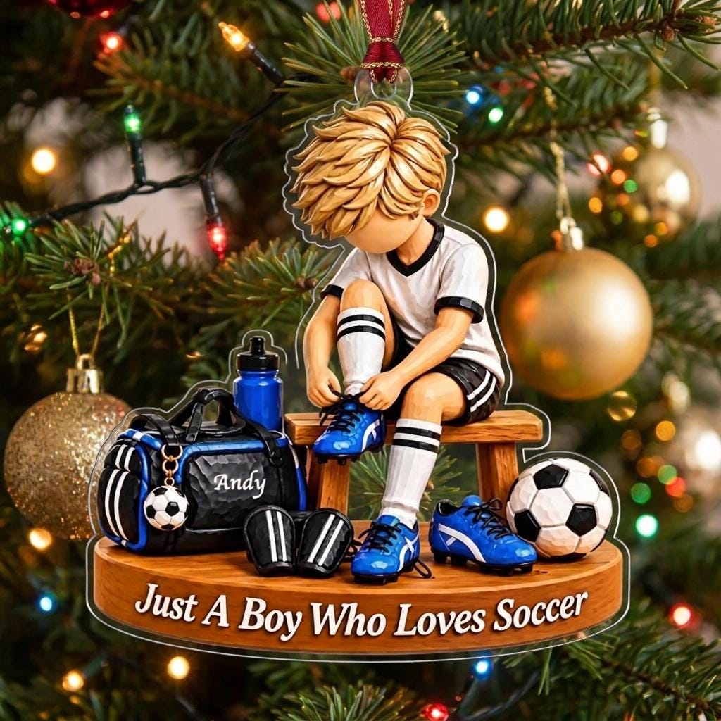 Personalized Soccer Boy Ornament, Custom Name Football Christmas Ornament