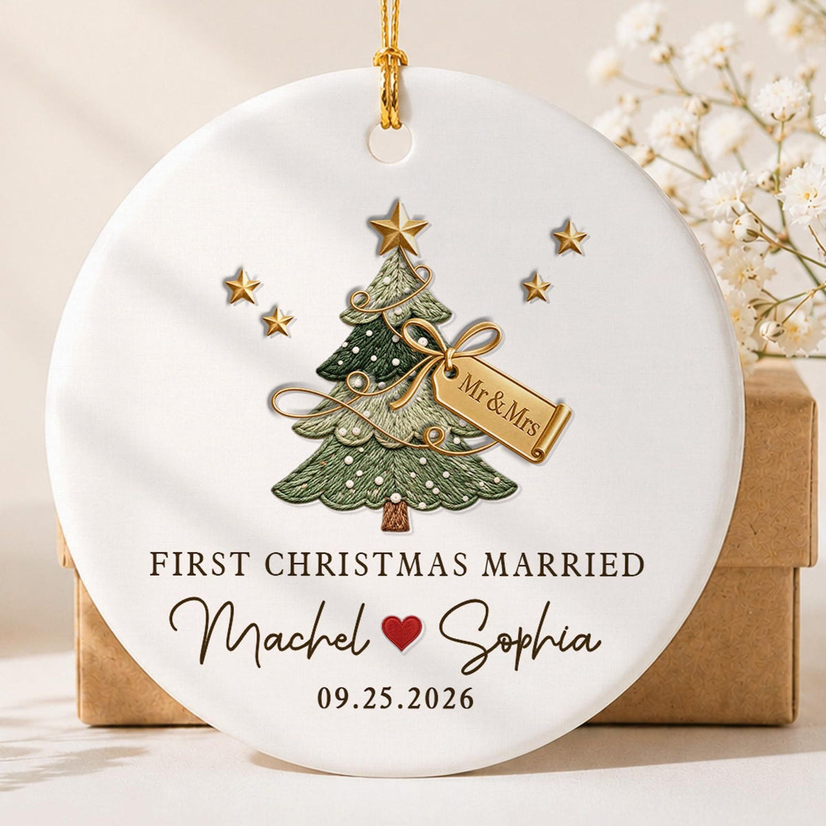 Personalized First Christmas Married Ceramic Ornament, Newlywed Christmas Gift