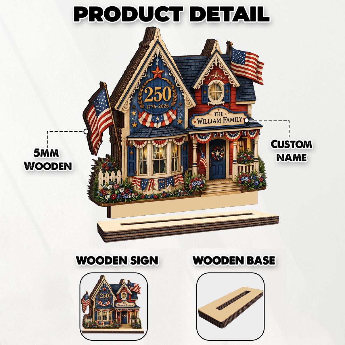 Personalized USA 250th Anniversary House Wooden Block