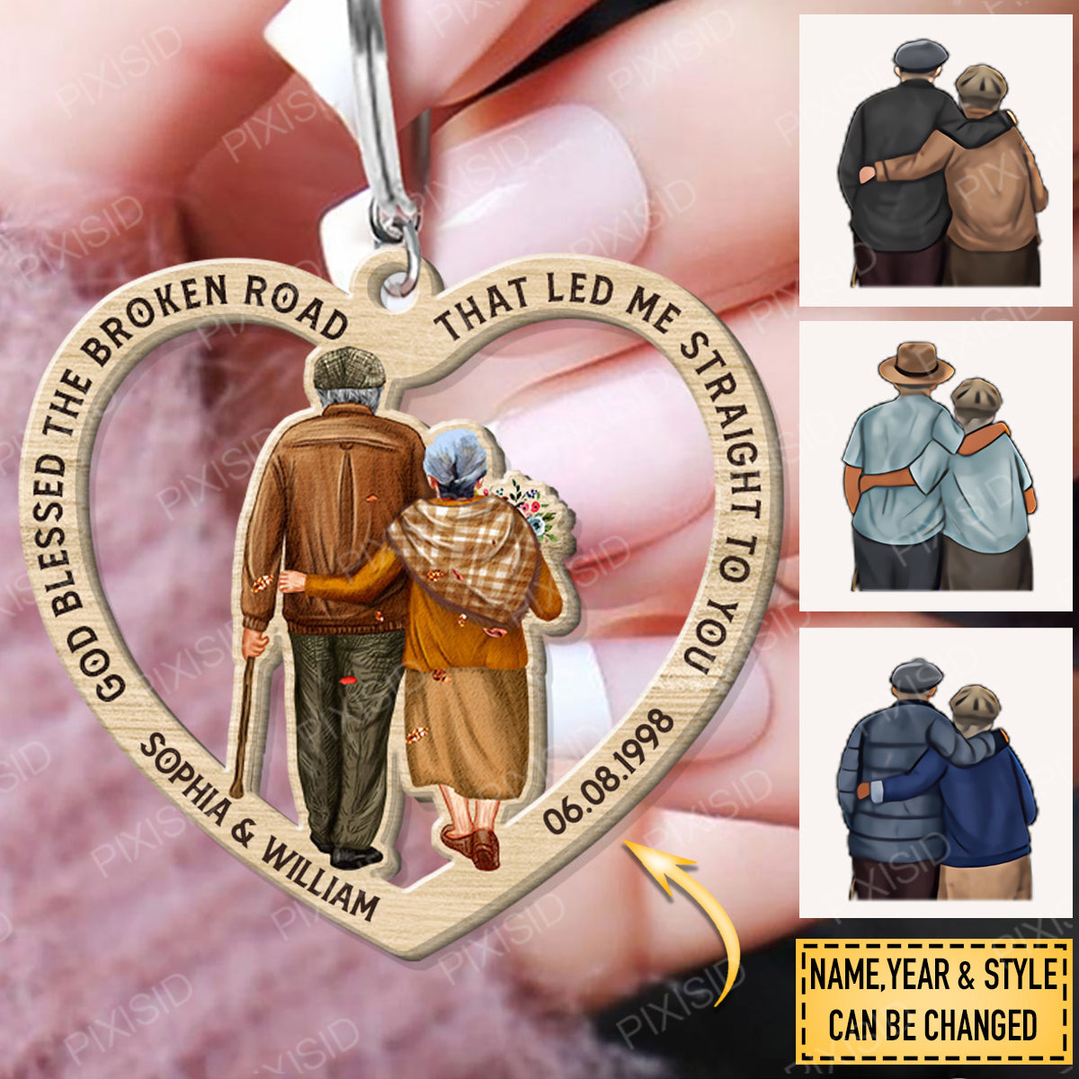 God Blessed The Broken Road Old Couple Gift Personalized Wooden Keychain