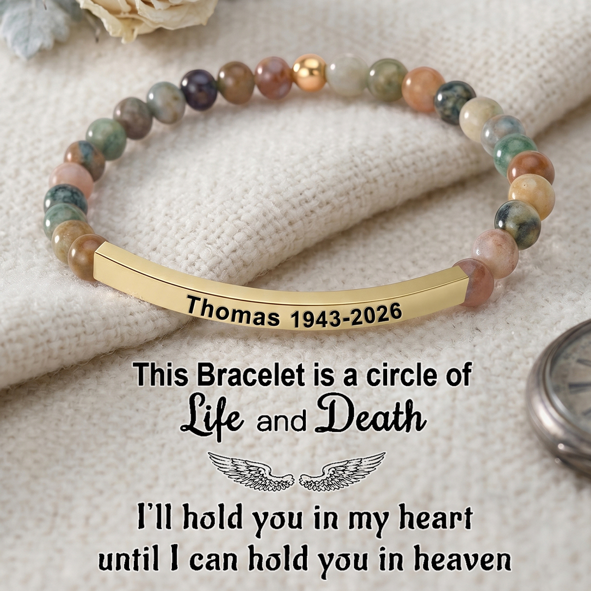 Personalized Memorial Engraved Natural Stone Stretch Bracelet