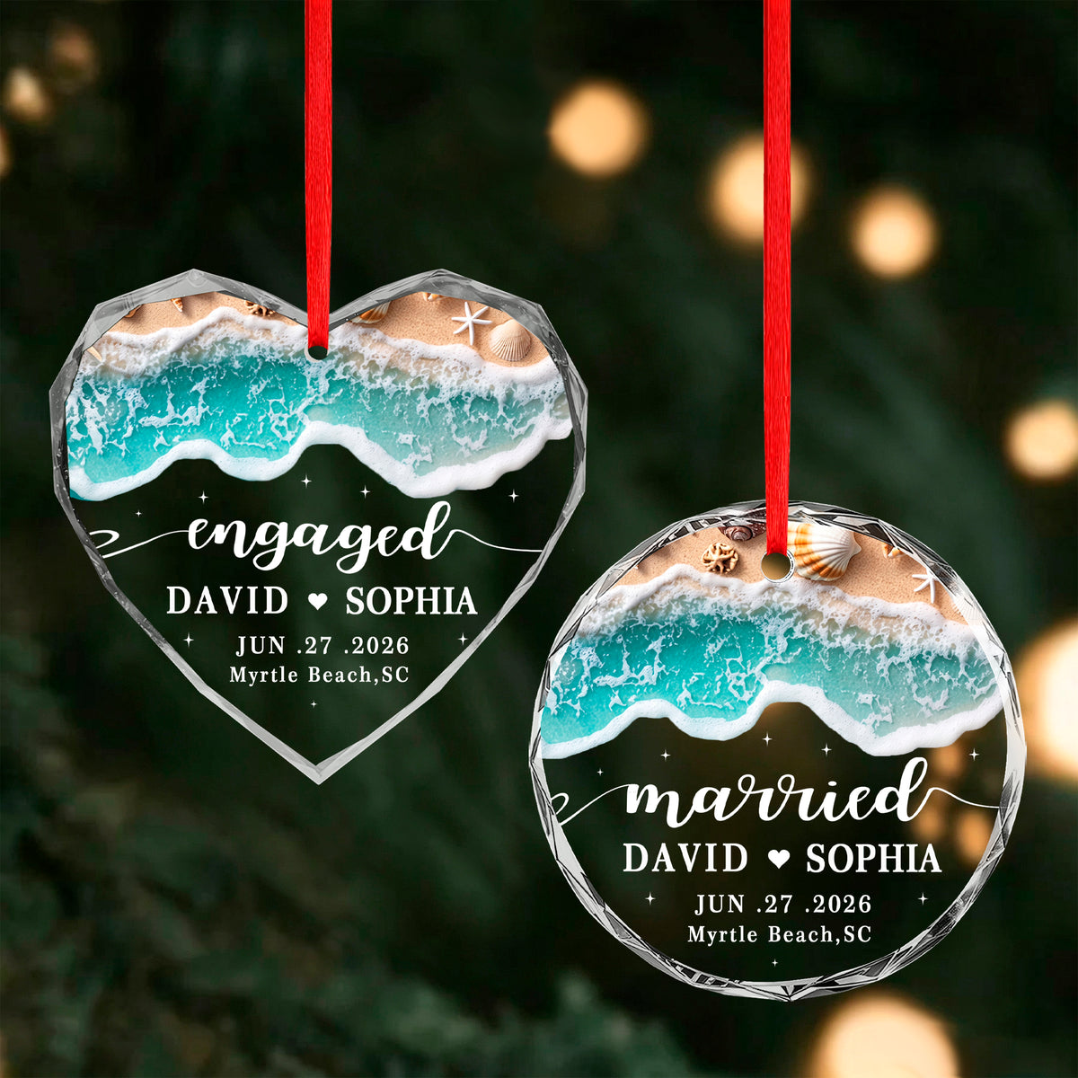 Personalized Beach Married Ornament, Couples First Christmas Wedding Gift