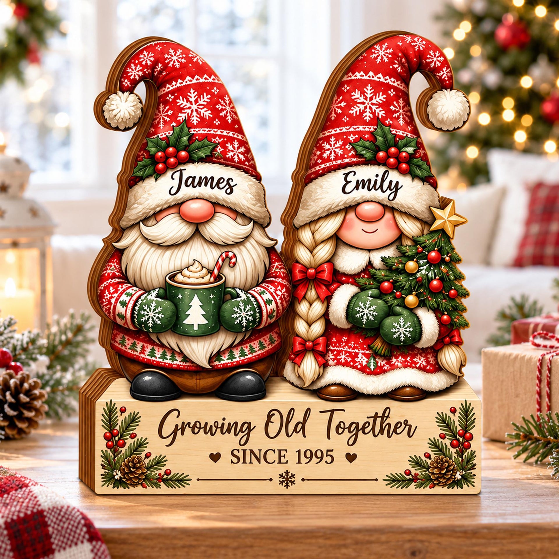 Personalized Christmas Couple Wooden Block, Growing Old Together Gift