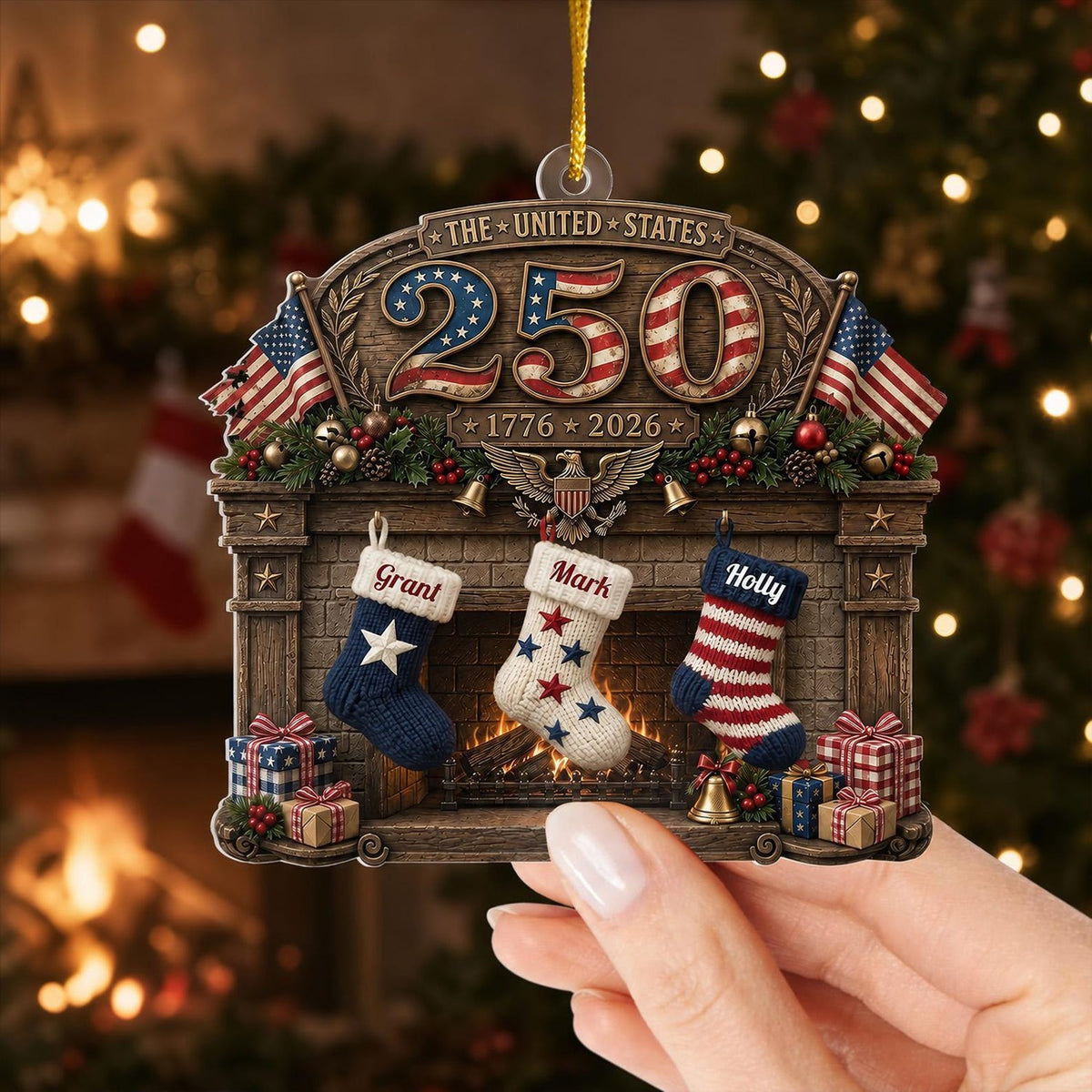 USA 250th Anniversary Fireplace & Stockings -Personalized Christmas Gift For Family