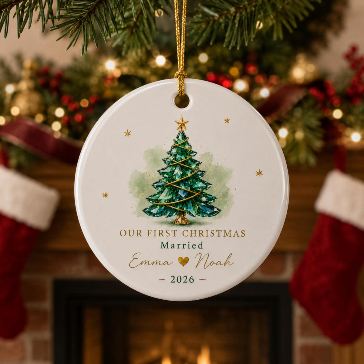Personalized First Christmas Married Ornament, Custom Couple Names Ceramic Tree Decor