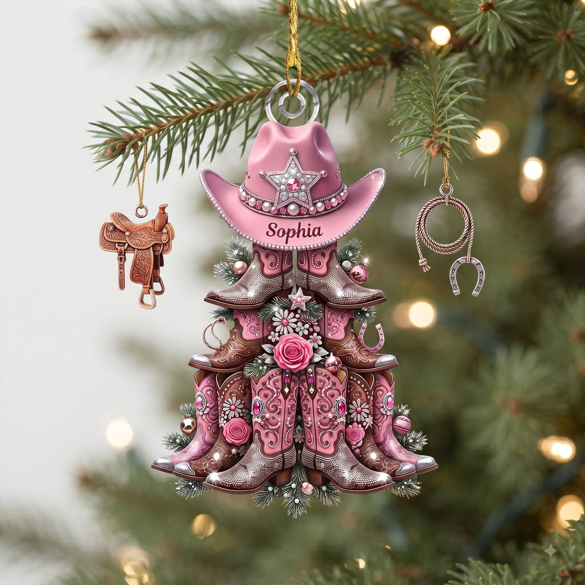 Shimmering Cowgirl Boots Christmas Tree Ornament, Personalize Christmas Gifts
