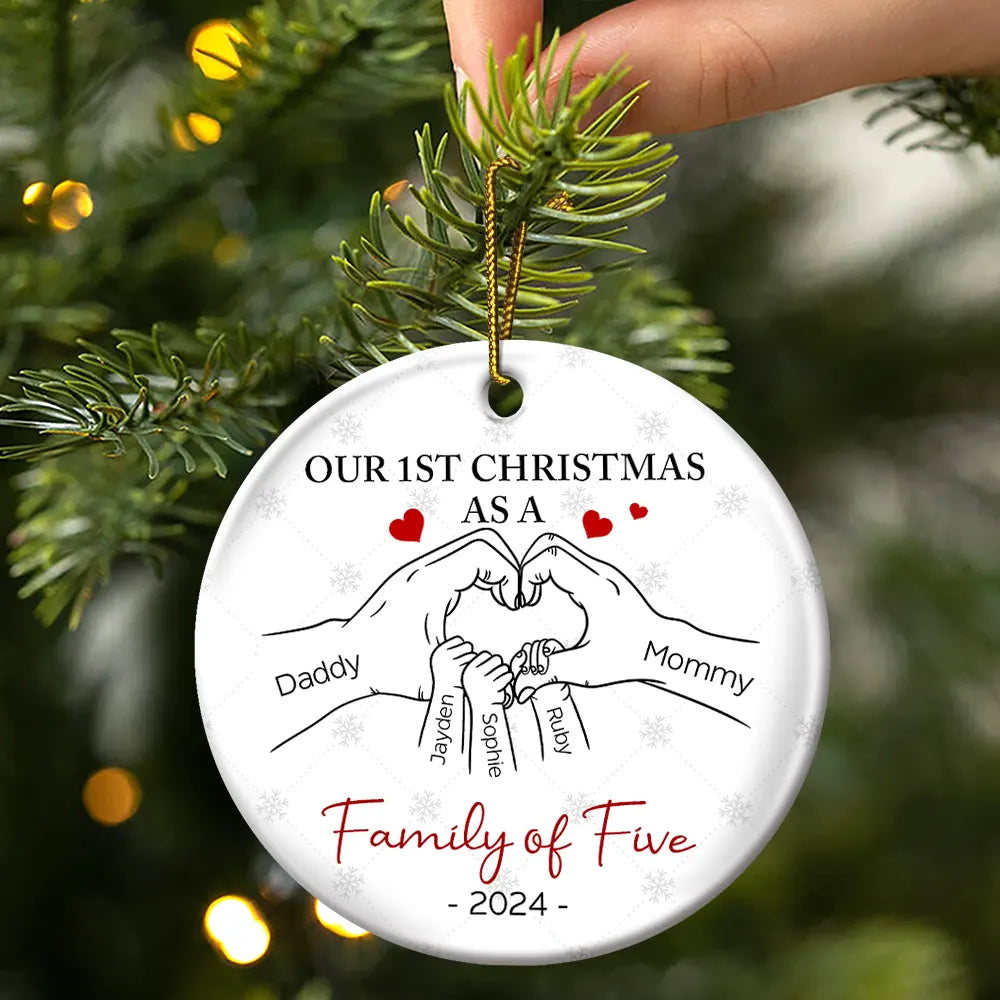 Personalized First Christmas As A Family Of Three Hand Heart -Ceramic Ornament