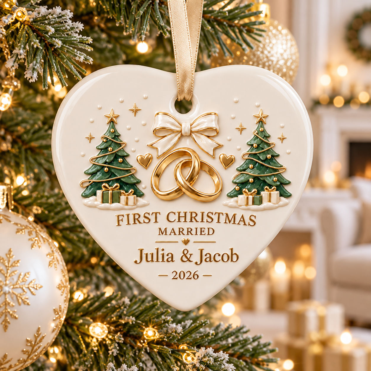 Personalized First Christmas Married Ceramic Ornament - Custom Names & Year Ornament