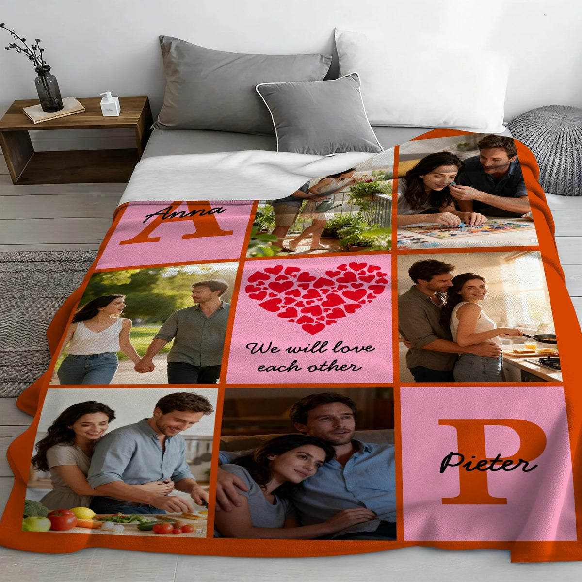 Personalized Heart 6 Photos Soft Throw Blanket with Name and Text Home Decor