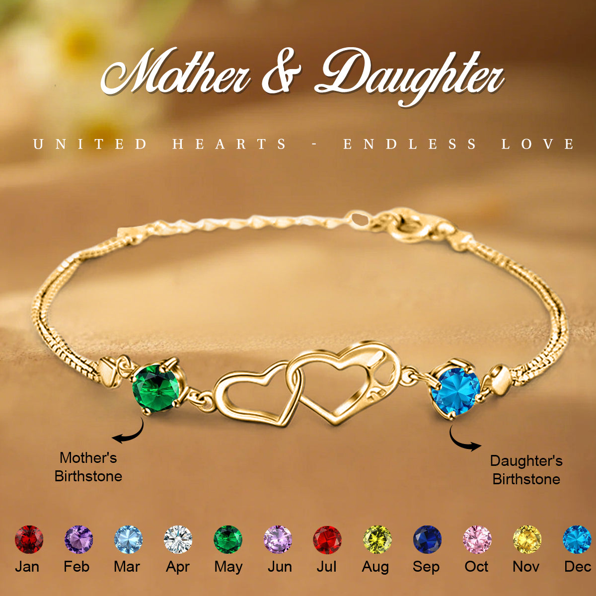 Personalized Mother & Daughter Two Heart Birthstone Bracelet