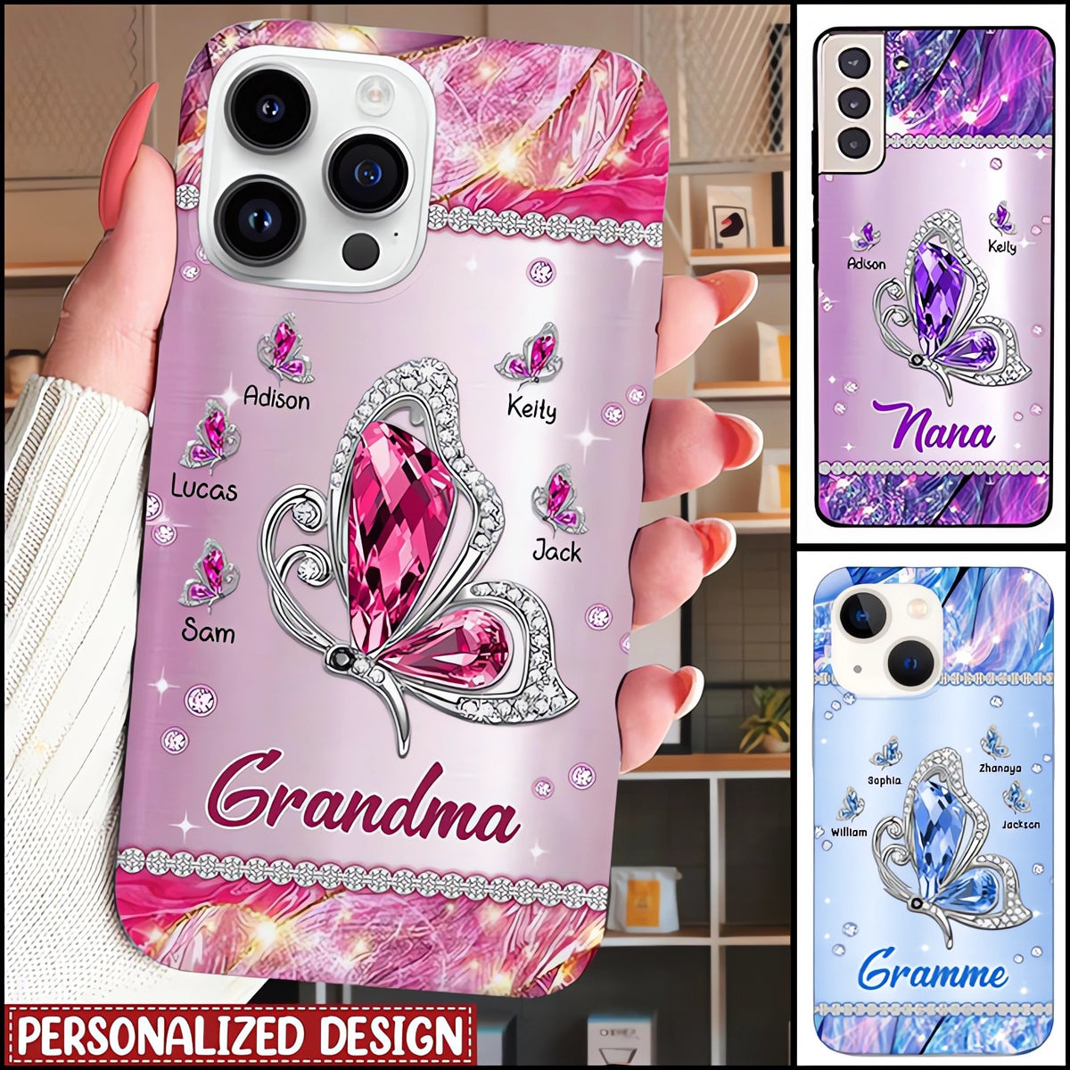 Sparkling Pink Violet Butterfly Grandma- Mom With Little Kids Personalized Glass Phone Case