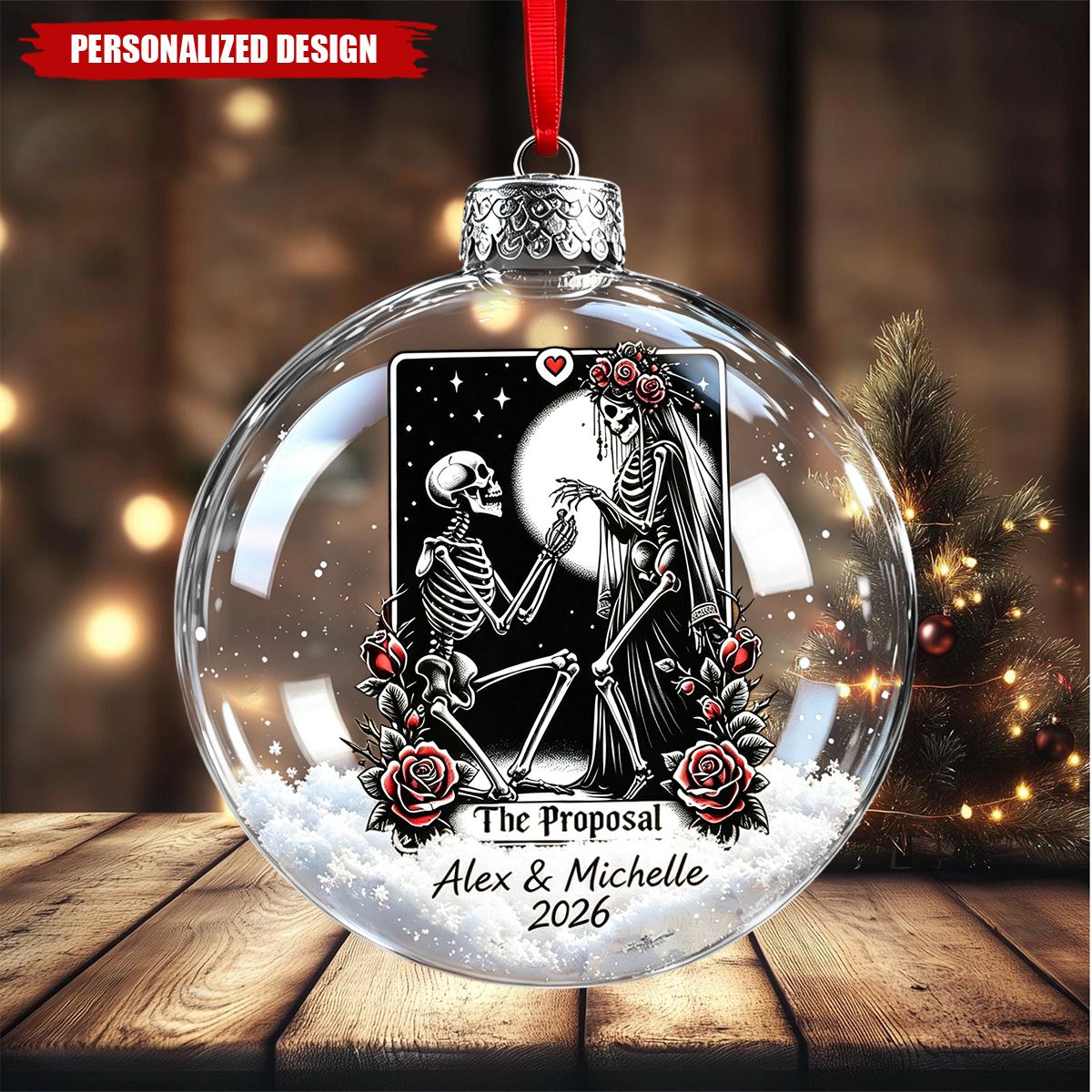 Personalized Skeleton Couple Proposal Christmas Ornament, Gothic Engagement Gift