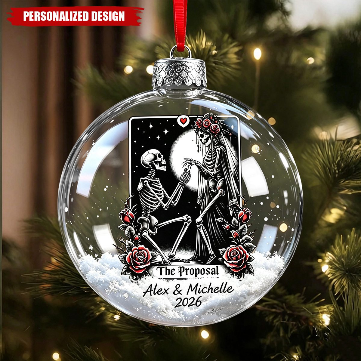 Personalized Skeleton Couple Proposal Christmas Ornament, Gothic Engagement Gift