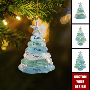 Custom Sea Glass Tree Ornament, Beach Family Christmas Decor, Coastal Keepsake