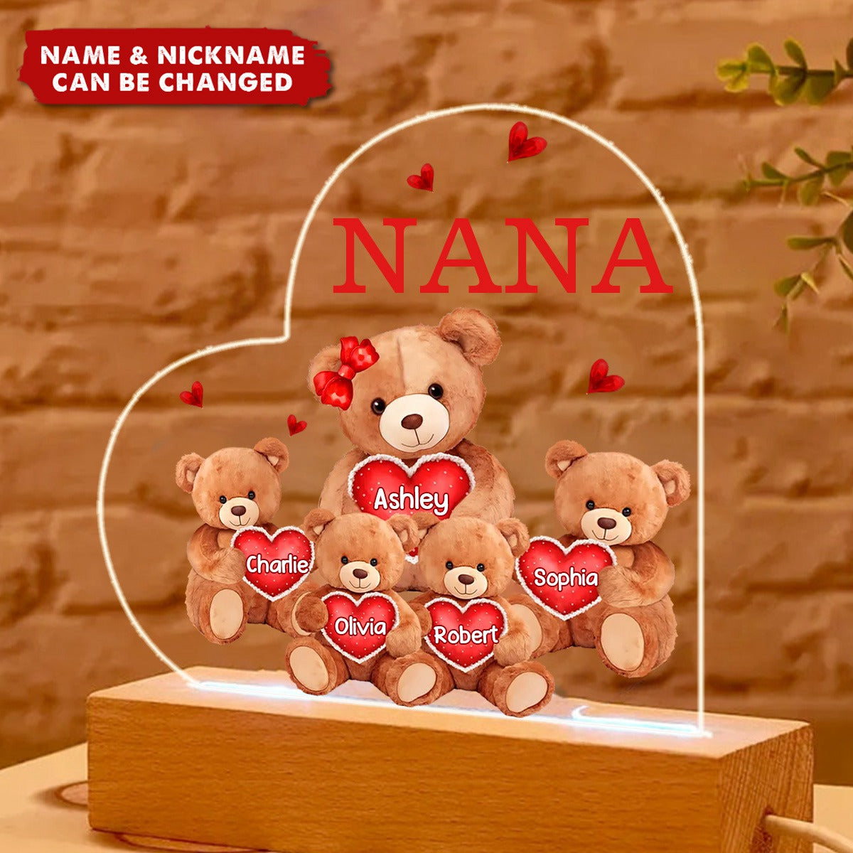 Grandma Mom Auntie Bear Personalized Custom Shape Acrylic Plaque Warm LED Night Light