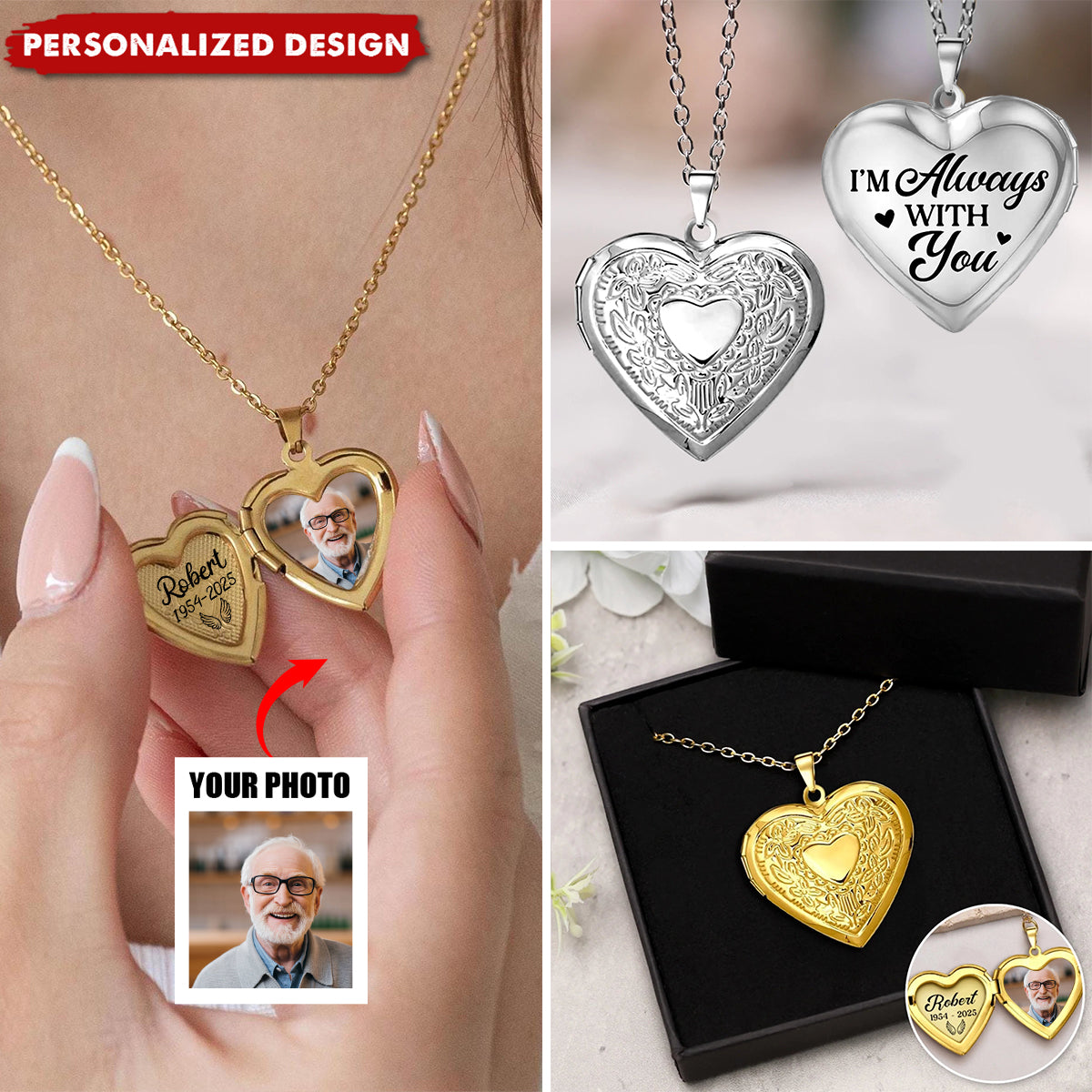 Custom Photo I'm Always With You - Memorial Personalized Custom Heart Locket Necklace