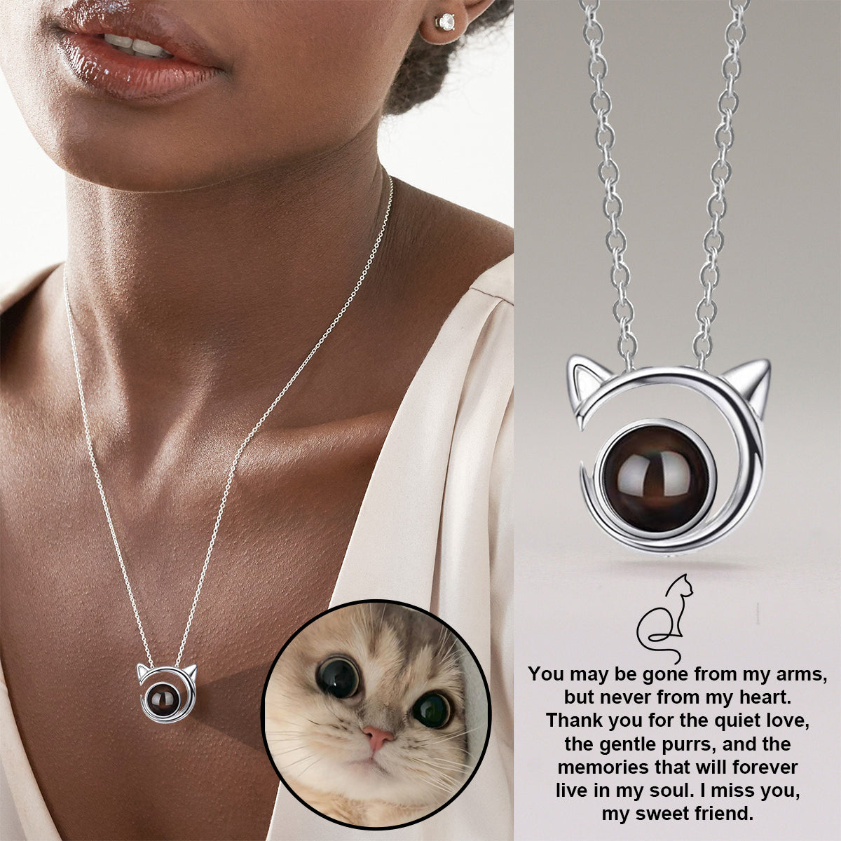 Personalized Cat Ears Memorial Necklace With Photo Projection