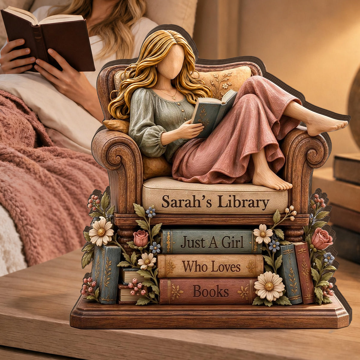 Personalized Book Lover Wooden Block, Custom Name Reading Girl Desk Decor