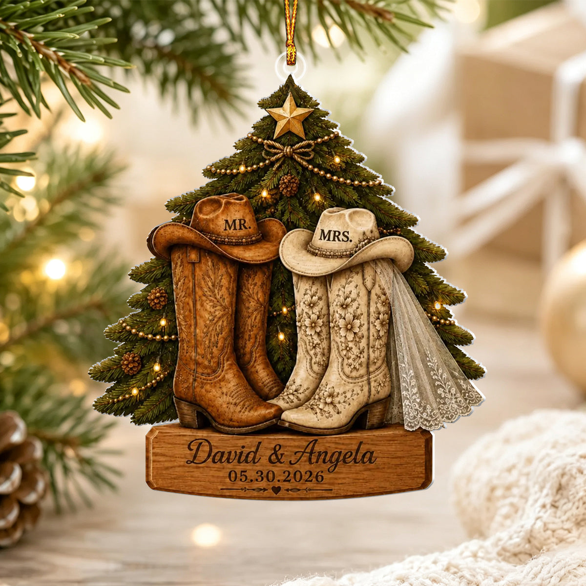 Personalized First Christmas Married Ornament, Cowboy Boots Western Couple Ornament