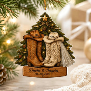 Personalized First Christmas Married Ornament, Cowboy Boots Western Couple Ornament