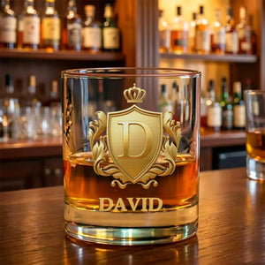 Personalized Gold Badge Initial Whiskey Glass –Father's Day Gift For Dad Or Husband
