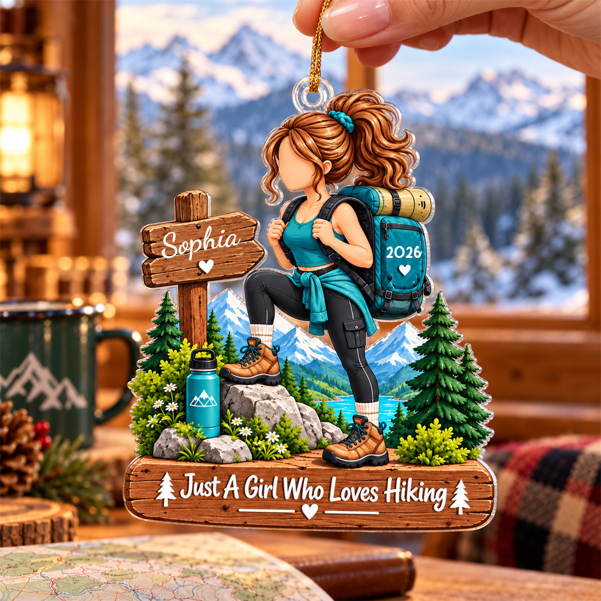 Personalized Hiking Girl Ornament, Custom Name Adventure Christmas Keepsake