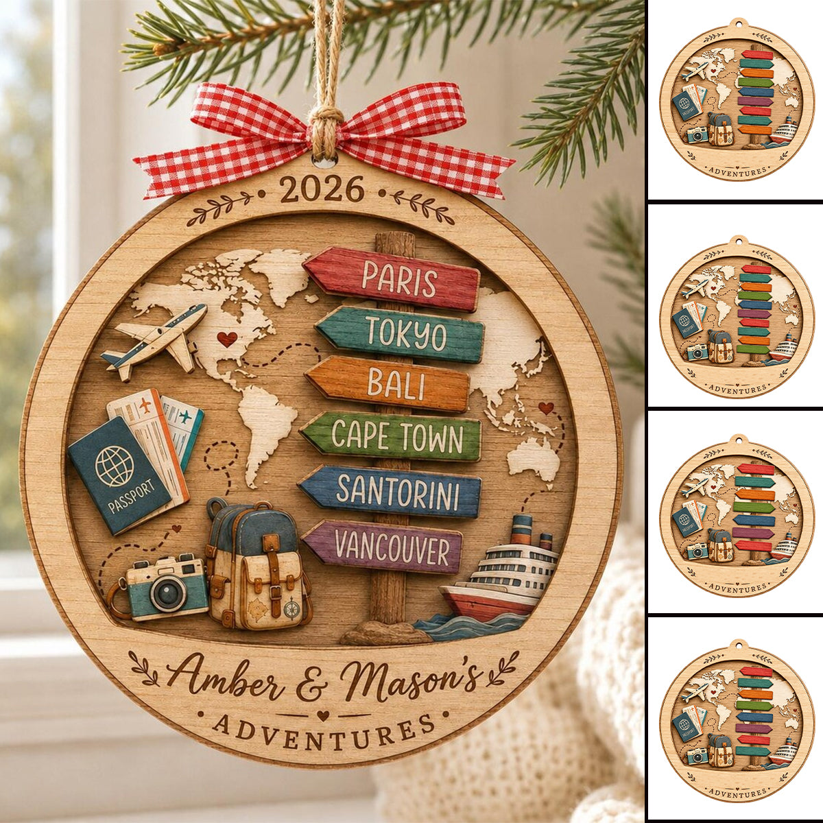 Personalized Travel Adventure Christmas Ornament 2026, Custom Names Gift
