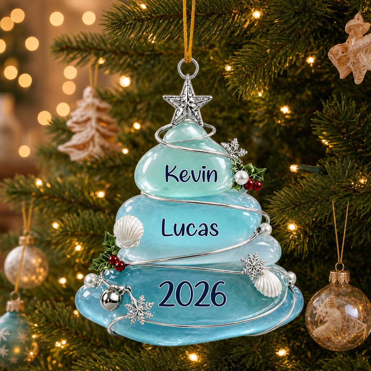 Custom Sea Glass Tree Ornament, Personalized Coastal Keepsake, Family Christmas Gift