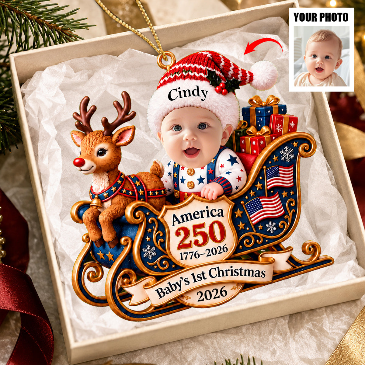 Custom Photo Baby's First Christmas America 250th Ornament 2026