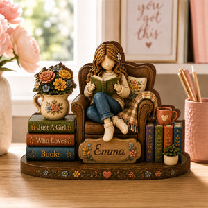 Just A Girl Who Loves Books Wooden Block, Personalized Girl Reading Book Plaque