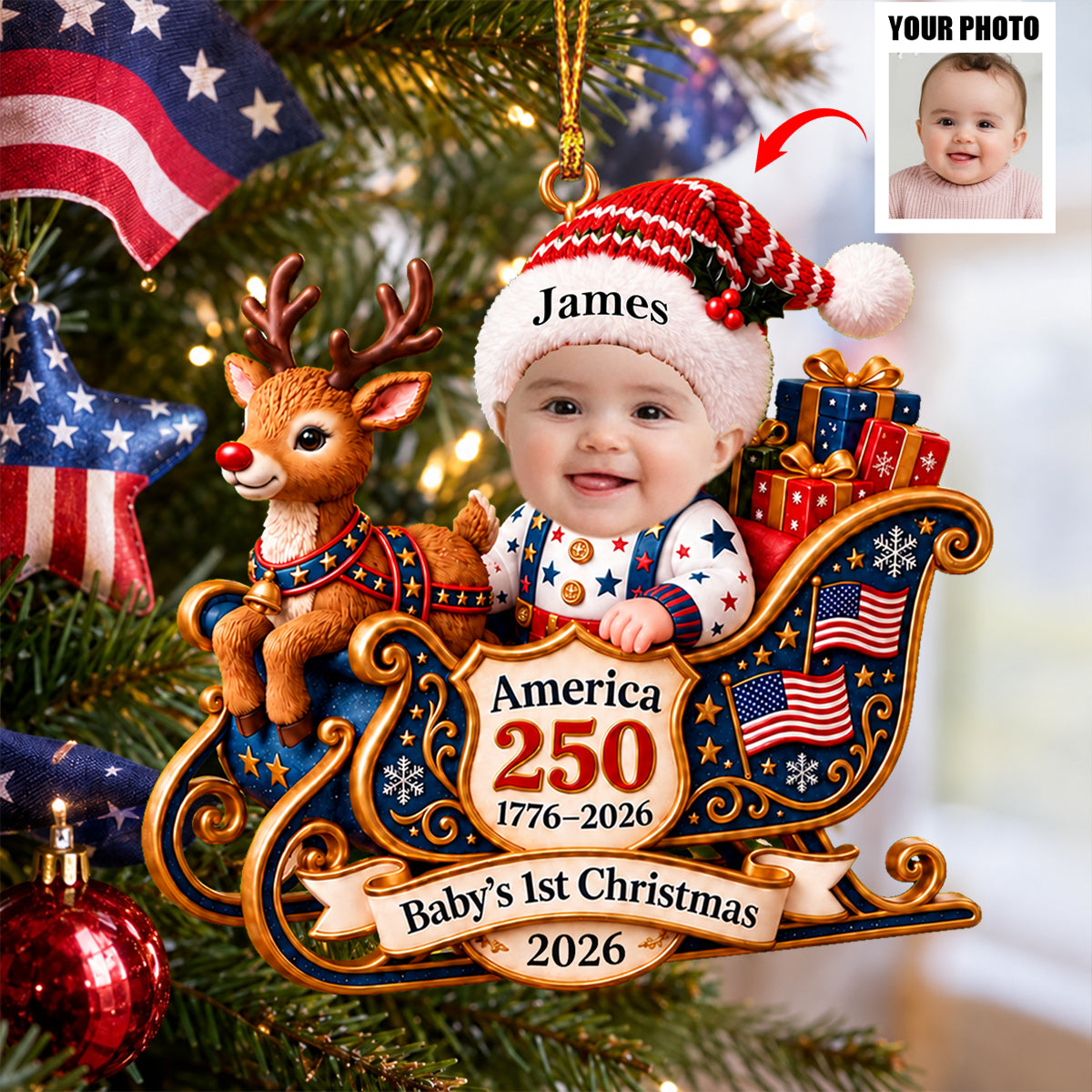 Custom Photo Baby's First Christmas America 250th Ornament 2026