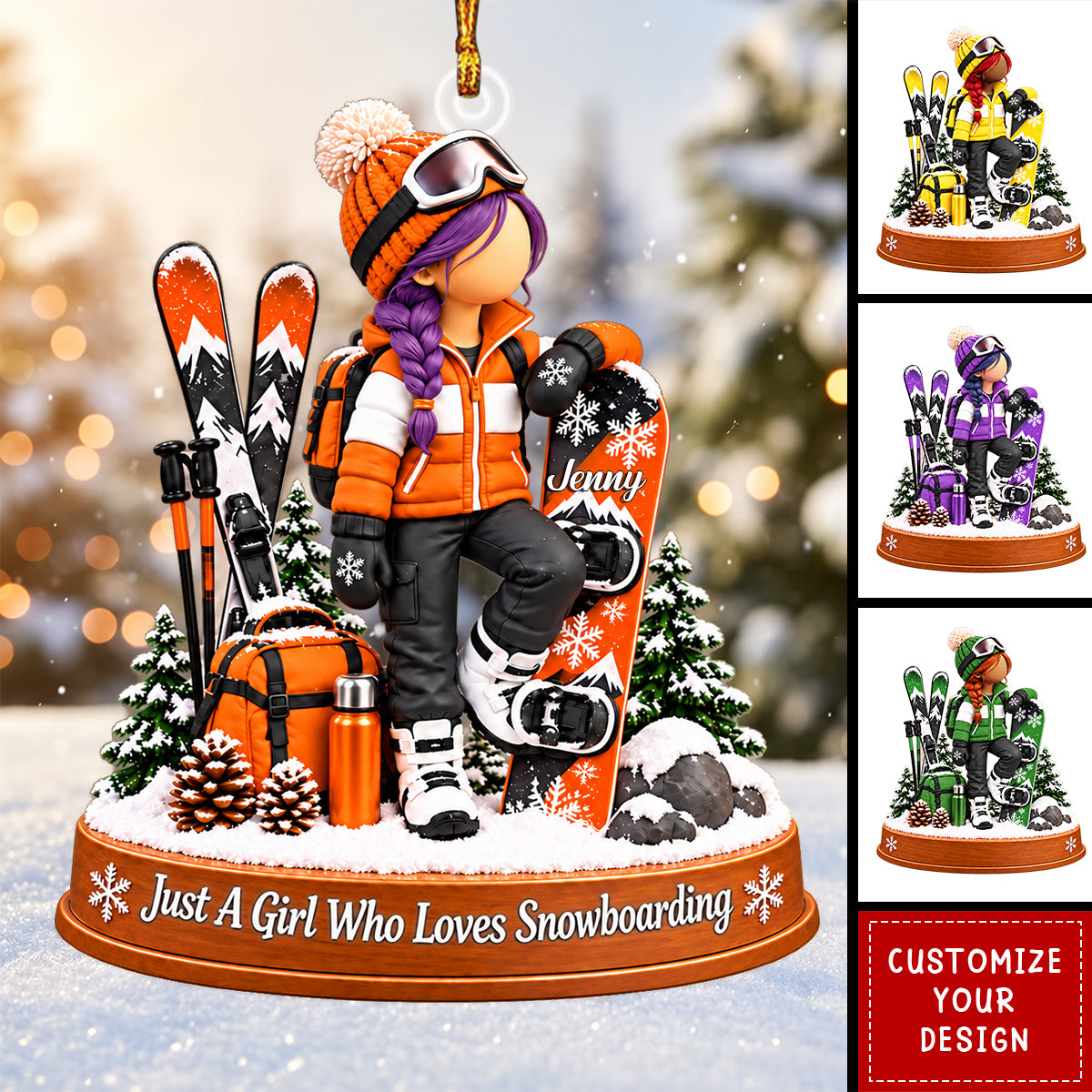 Personalized Snowboarding Girl Ornament, Custom Name Christmas Keepsake