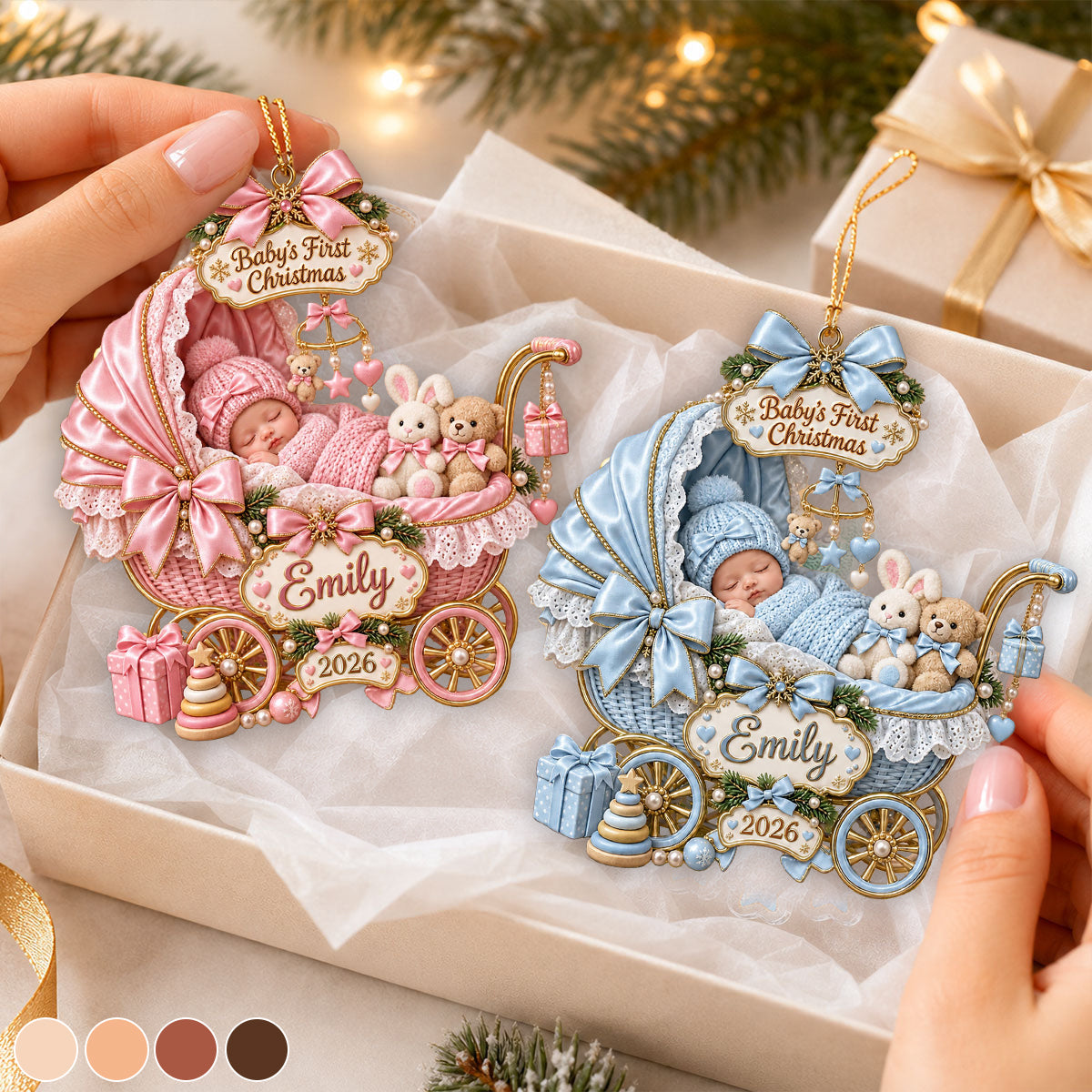Baby Sleeping Inside An Carriage - Personalized Baby’s First Christmas Ornament