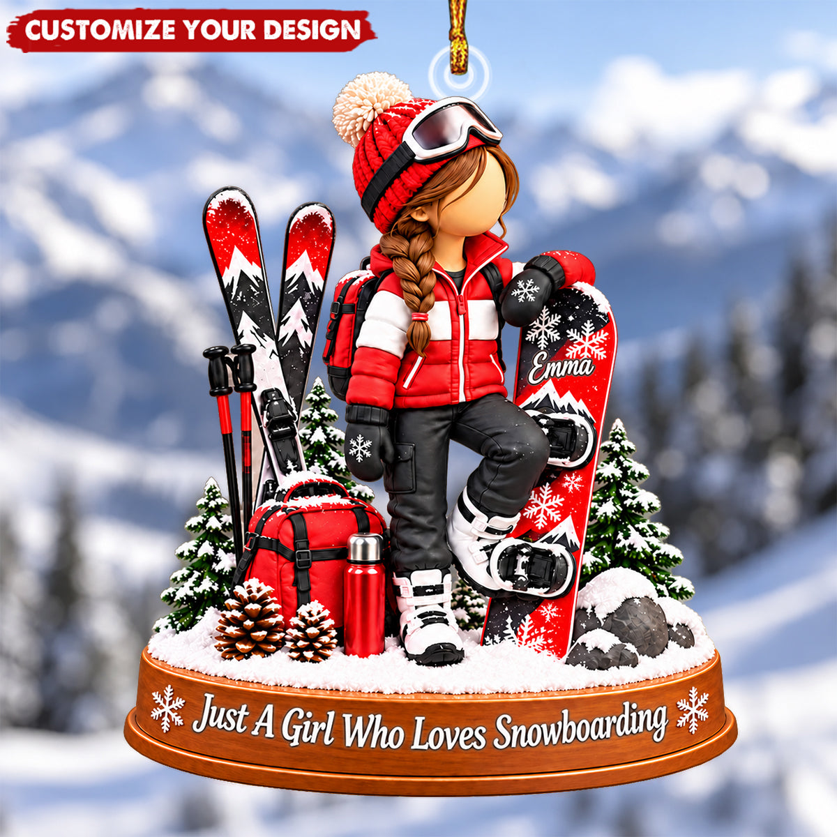 Personalized Snowboarding Girl Ornament, Custom Name Christmas Keepsake