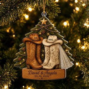 Personalized First Christmas Married Ornament, Cowboy Boots Western Couple Ornament