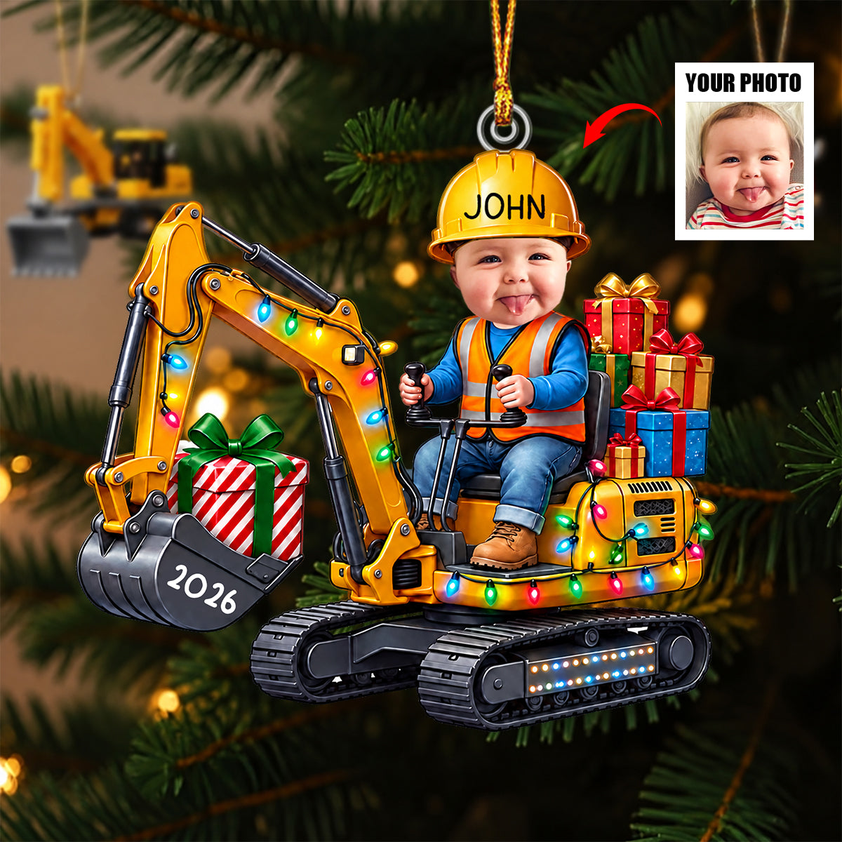 Personalized Excavator Photo Ornament 2026