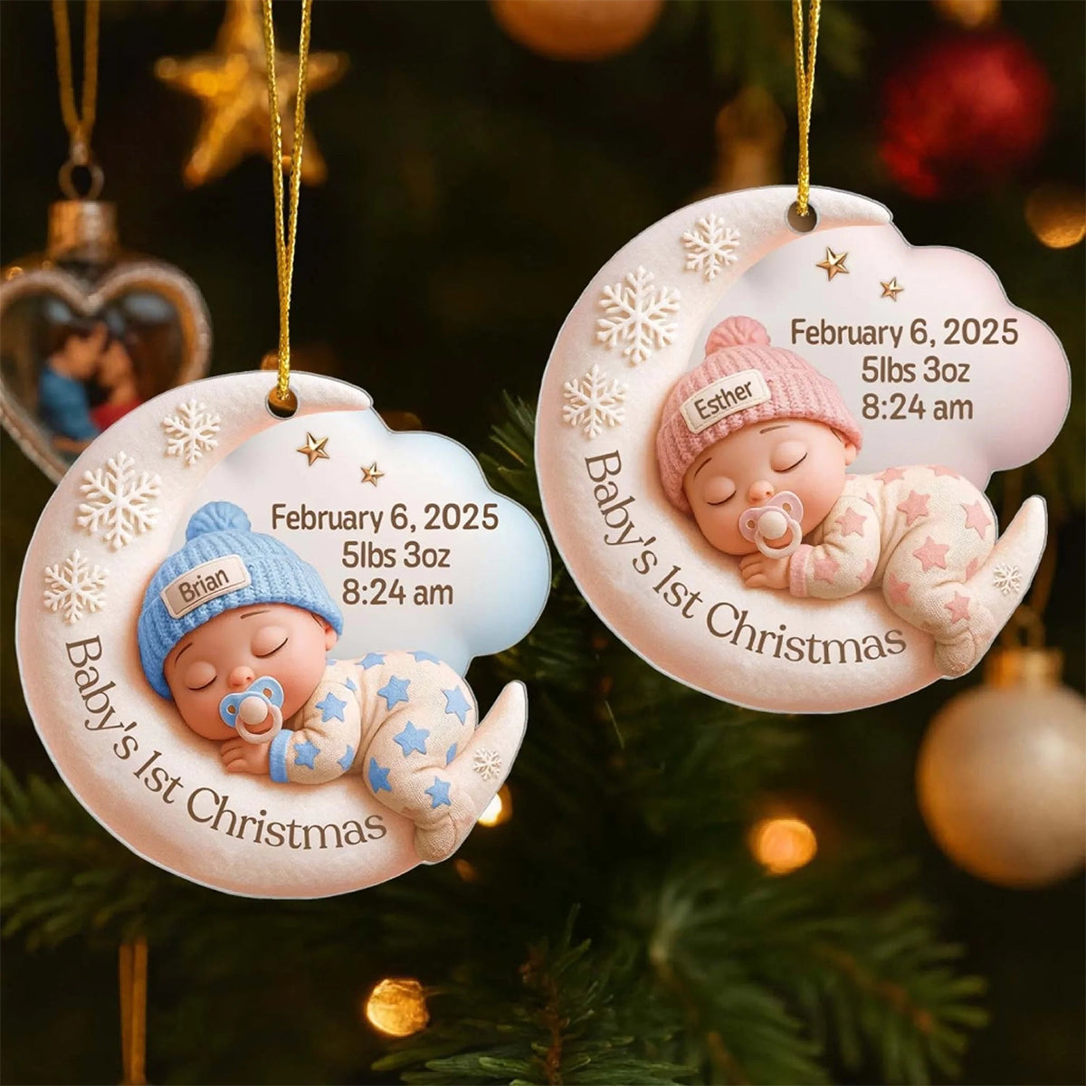 Baby Hugging Moon, First Christmas - Personalized Acrylic Ornament