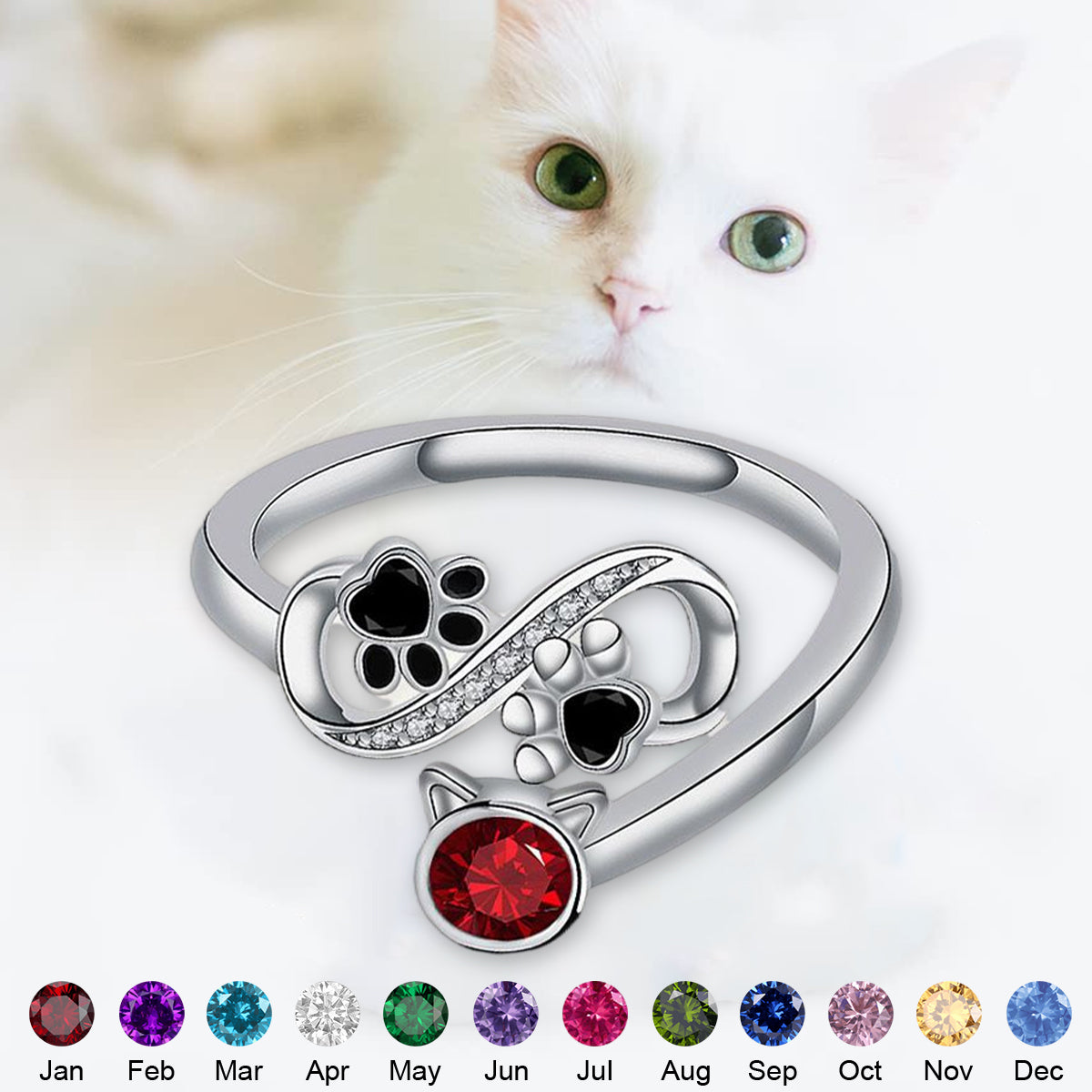 Custom Paw Print Birthstone Ring, Gift for Pet Lovers