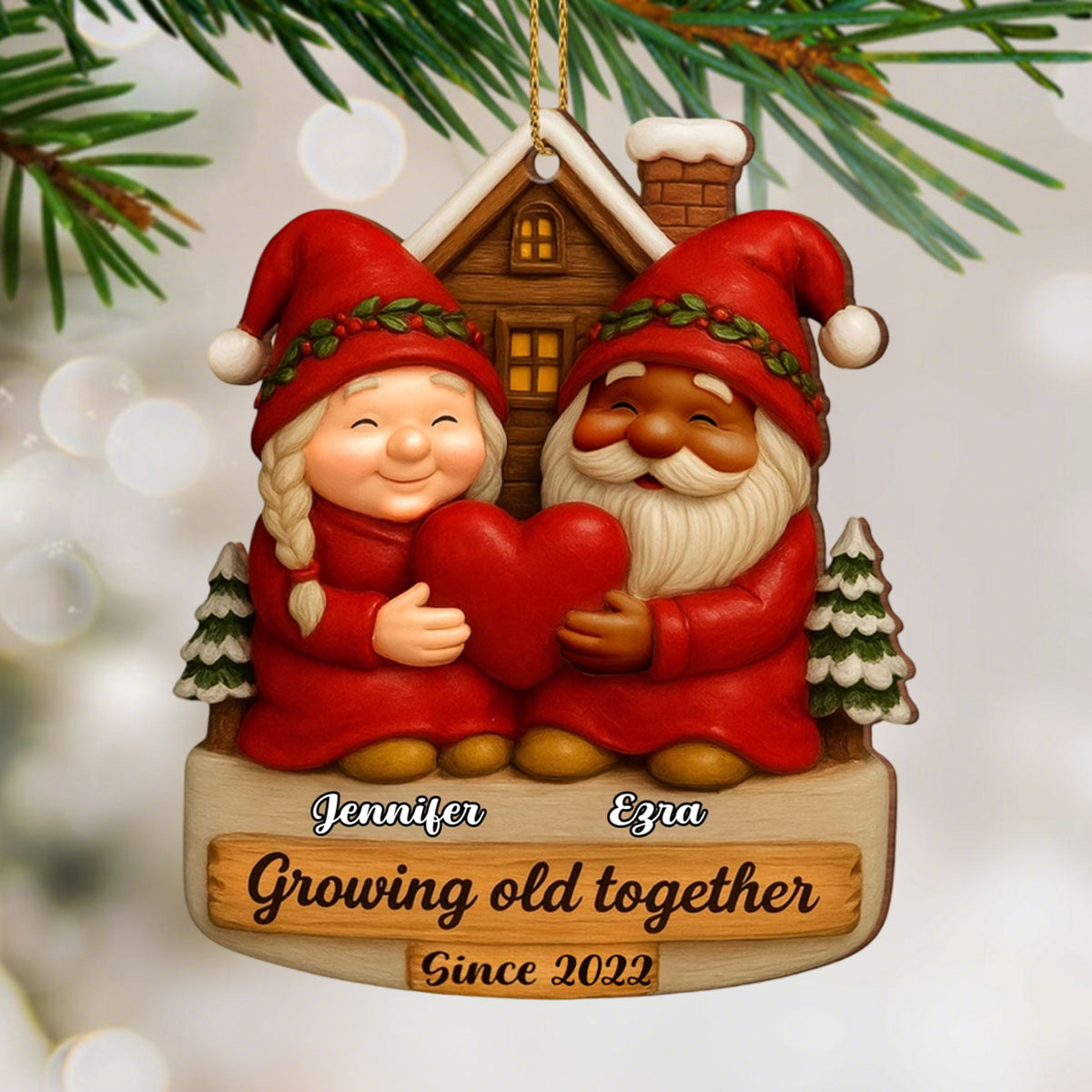 Growing Old Together With Santa Claus Figures, Custom Wood Ornament