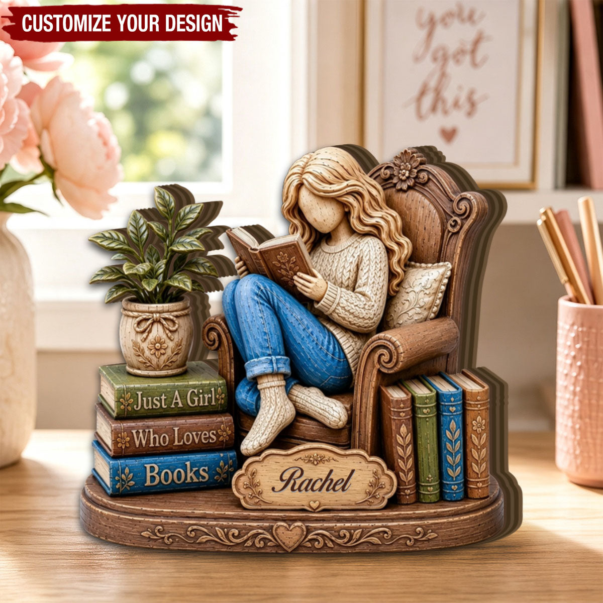 Just A Girl Who Loves Books Wooden Block, Personalized Book Lover Gift